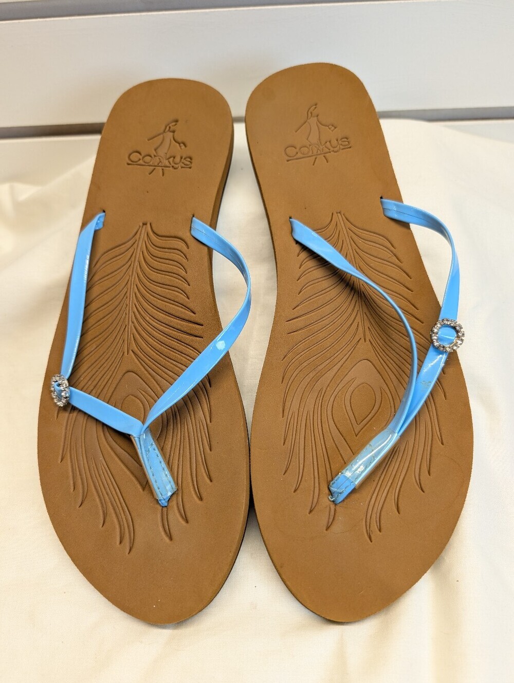 Corkys Flip Flops Blue Strap‎ Rhinestone Bling Thong Sandals Size 10 NWOT